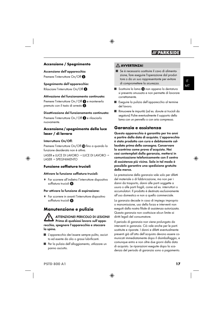 Manutenzione e pulizia, Garanzia e assistenza | Parkside PSTD 800 A1 User Manual | Page 21 / 51