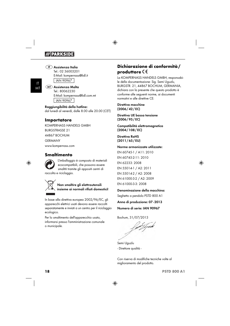 Importatore, Smaltimento, Dichiarazione di conformità / produttore | Parkside PSTD 800 A1 User Manual | Page 22 / 51