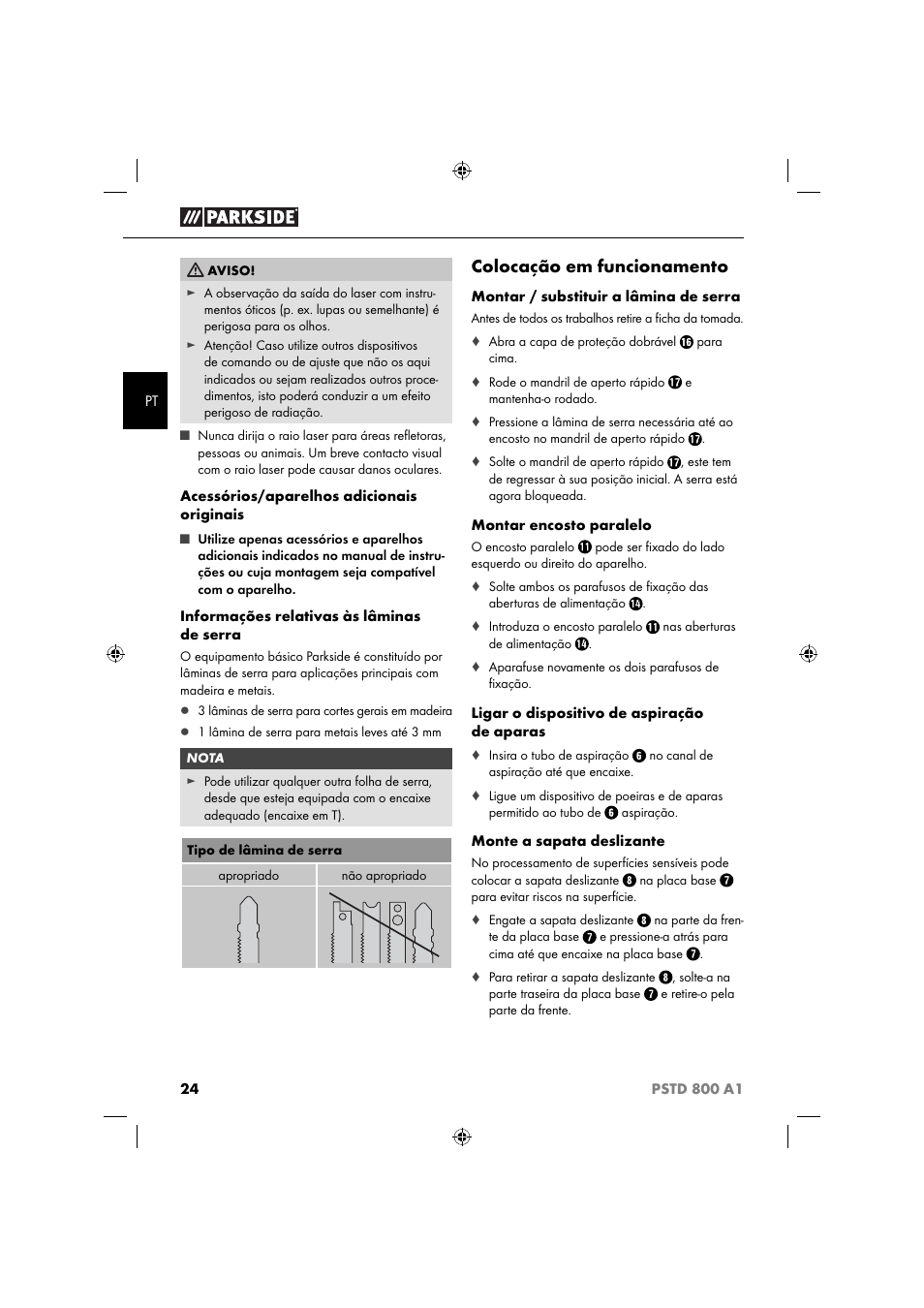 Colocação em funcionamento | Parkside PSTD 800 A1 User Manual | Page 28 / 51