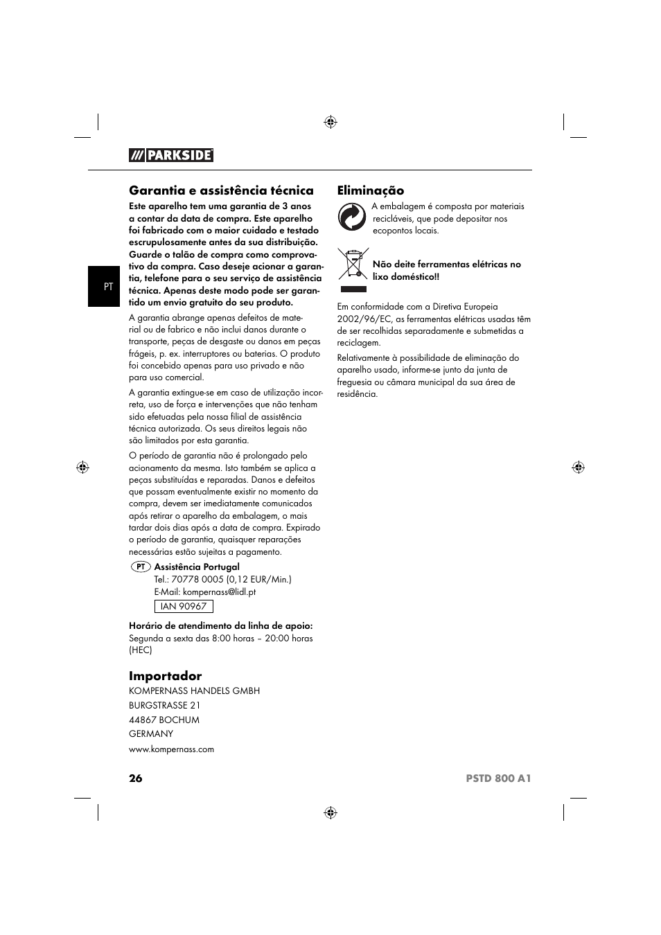 Garantia e assistência técnica, Importador, Eliminação | Parkside PSTD 800 A1 User Manual | Page 30 / 51