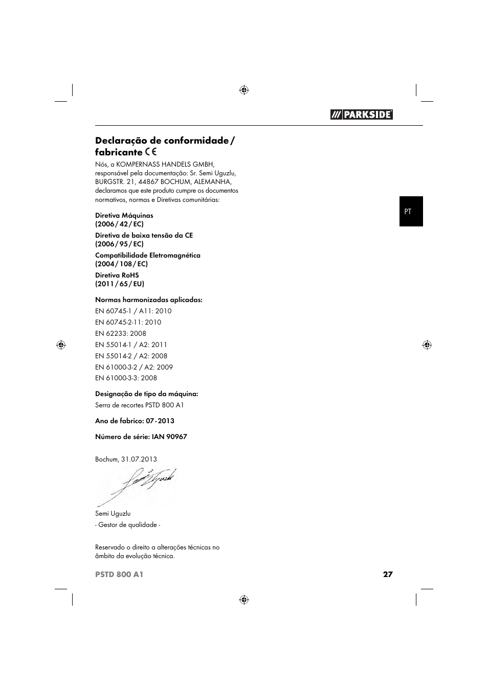 Declaração de conformidade / fabricante | Parkside PSTD 800 A1 User Manual | Page 31 / 51