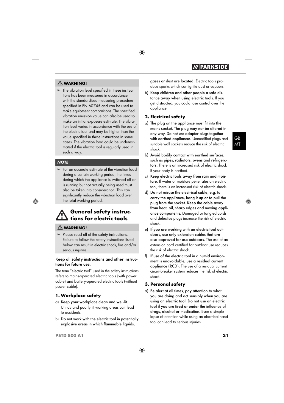 General safety instruc- tions for electric tools | Parkside PSTD 800 A1 User Manual | Page 35 / 51