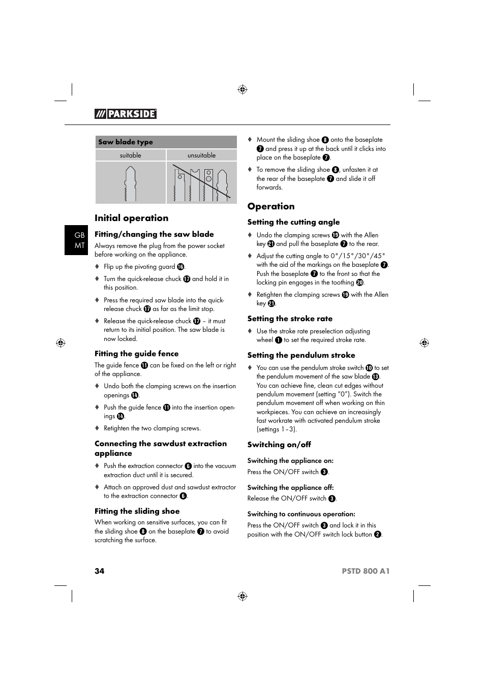 Initial operation, Operation | Parkside PSTD 800 A1 User Manual | Page 38 / 51