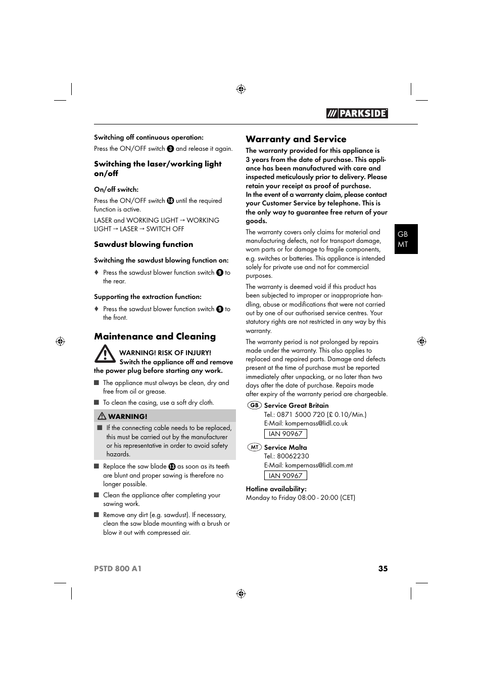 Maintenance and cleaning, Warranty and service | Parkside PSTD 800 A1 User Manual | Page 39 / 51