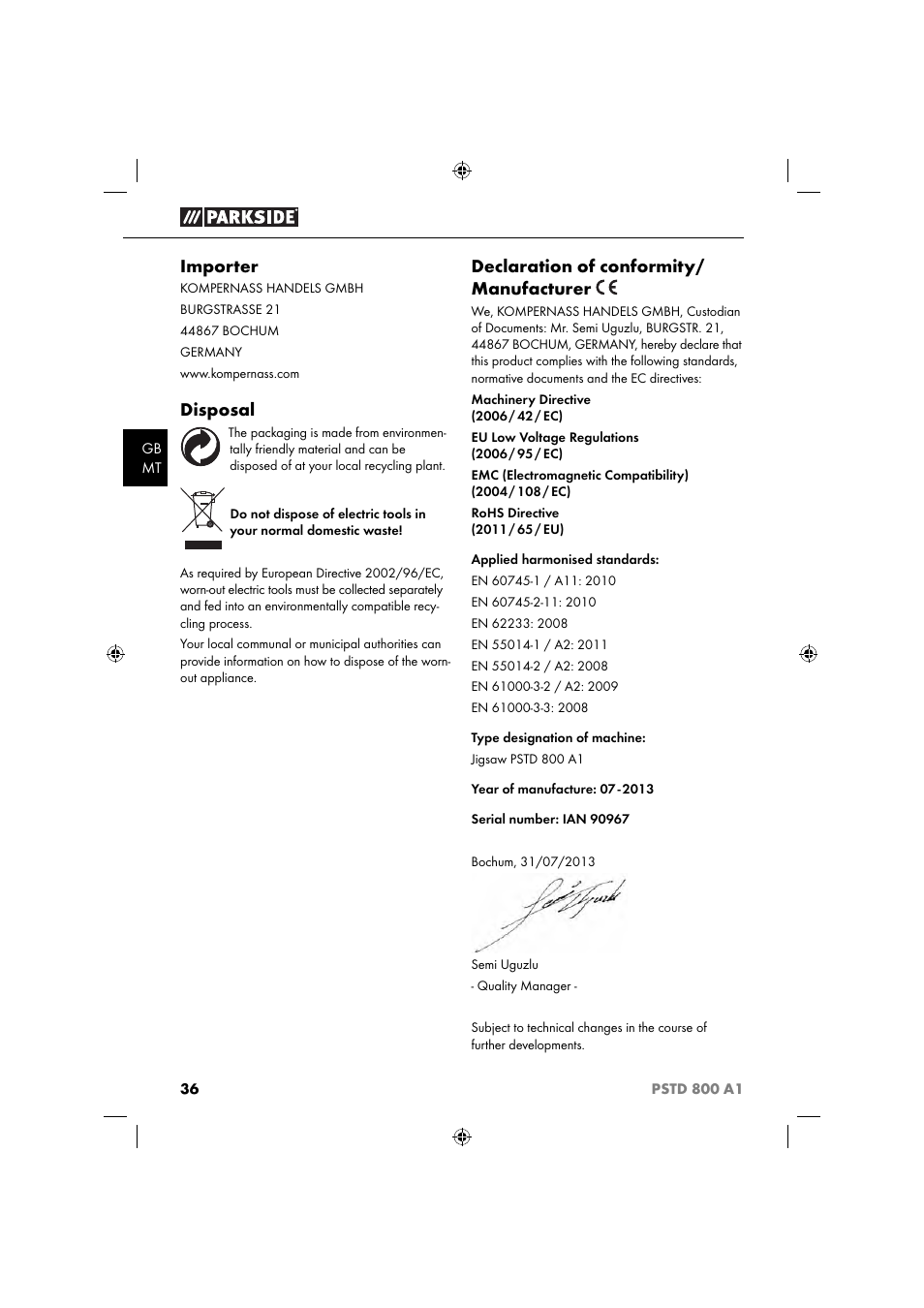 Importer, Disposal, Declaration of conformity/ manufacturer | Parkside PSTD 800 A1 User Manual | Page 40 / 51