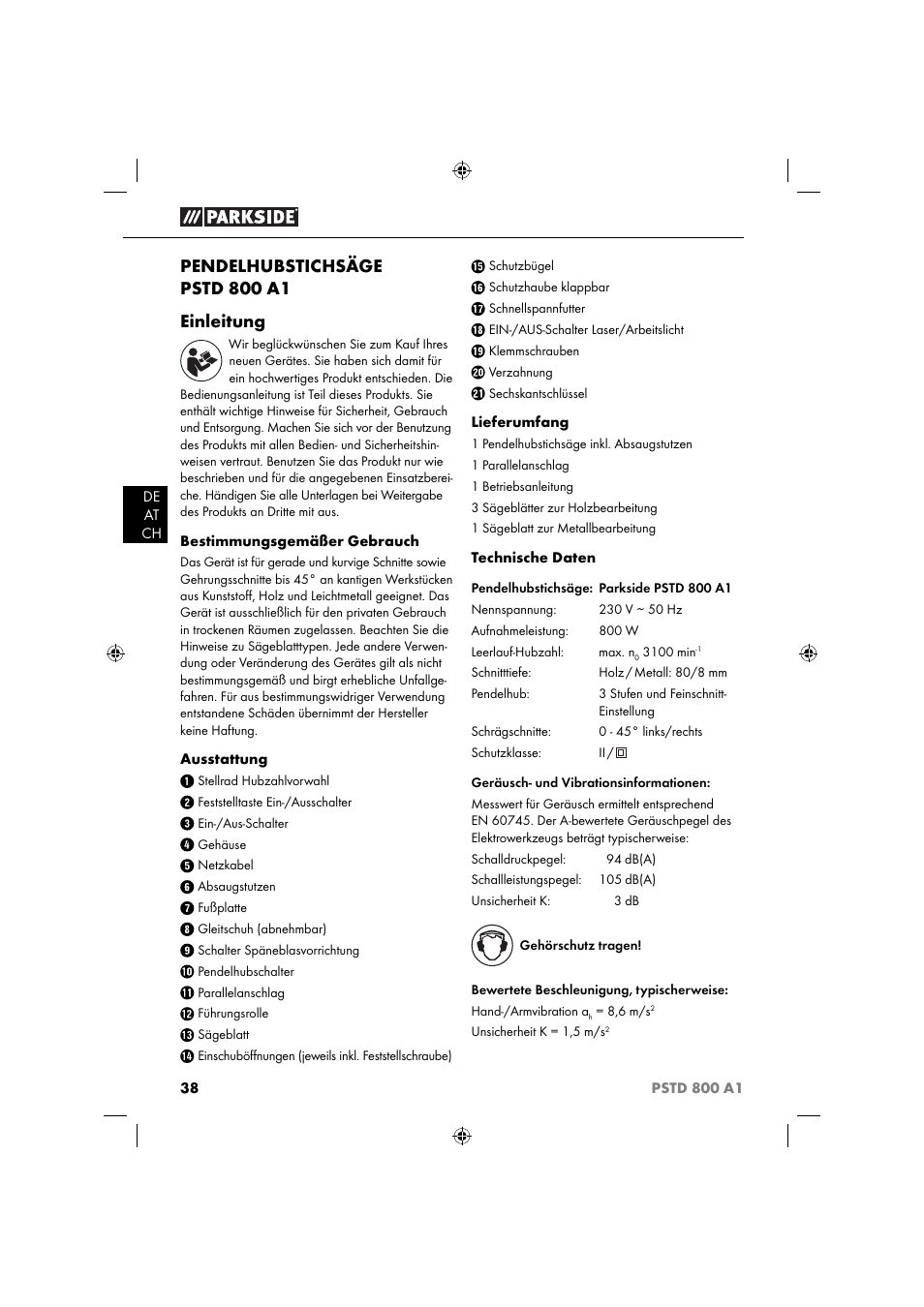 Pendelhubstichsäge pstd 800 a1 einleitung | Parkside PSTD 800 A1 User Manual | Page 42 / 51