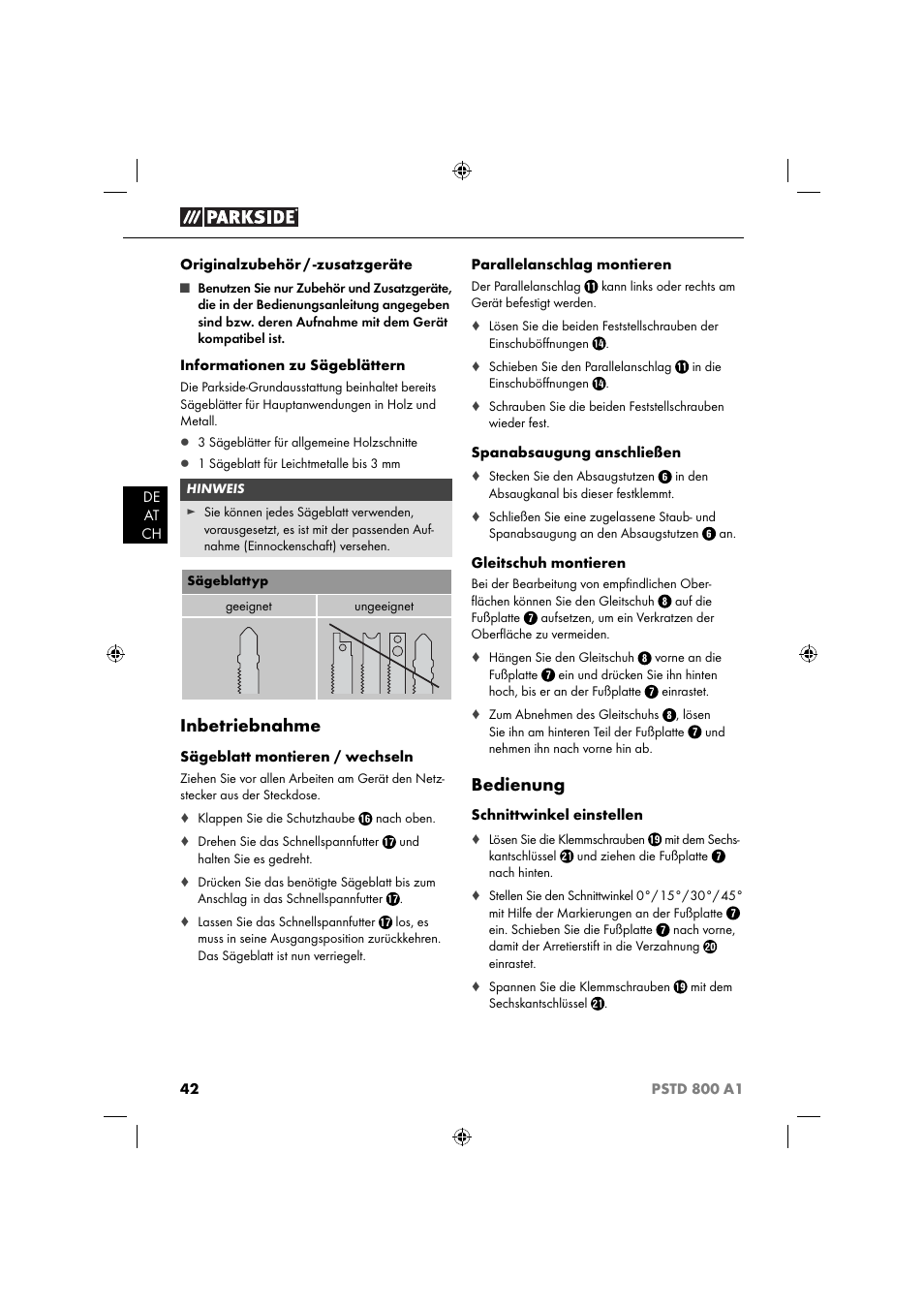 Inbetriebnahme, Bedienung | Parkside PSTD 800 A1 User Manual | Page 46 / 51