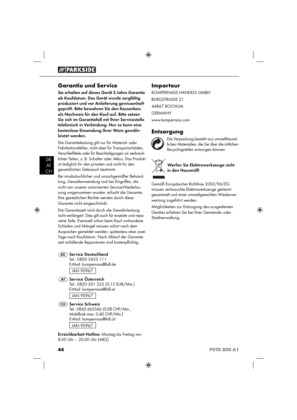 Garantie und service, Importeur, Entsorgung | Parkside PSTD 800 A1 User Manual | Page 48 / 51