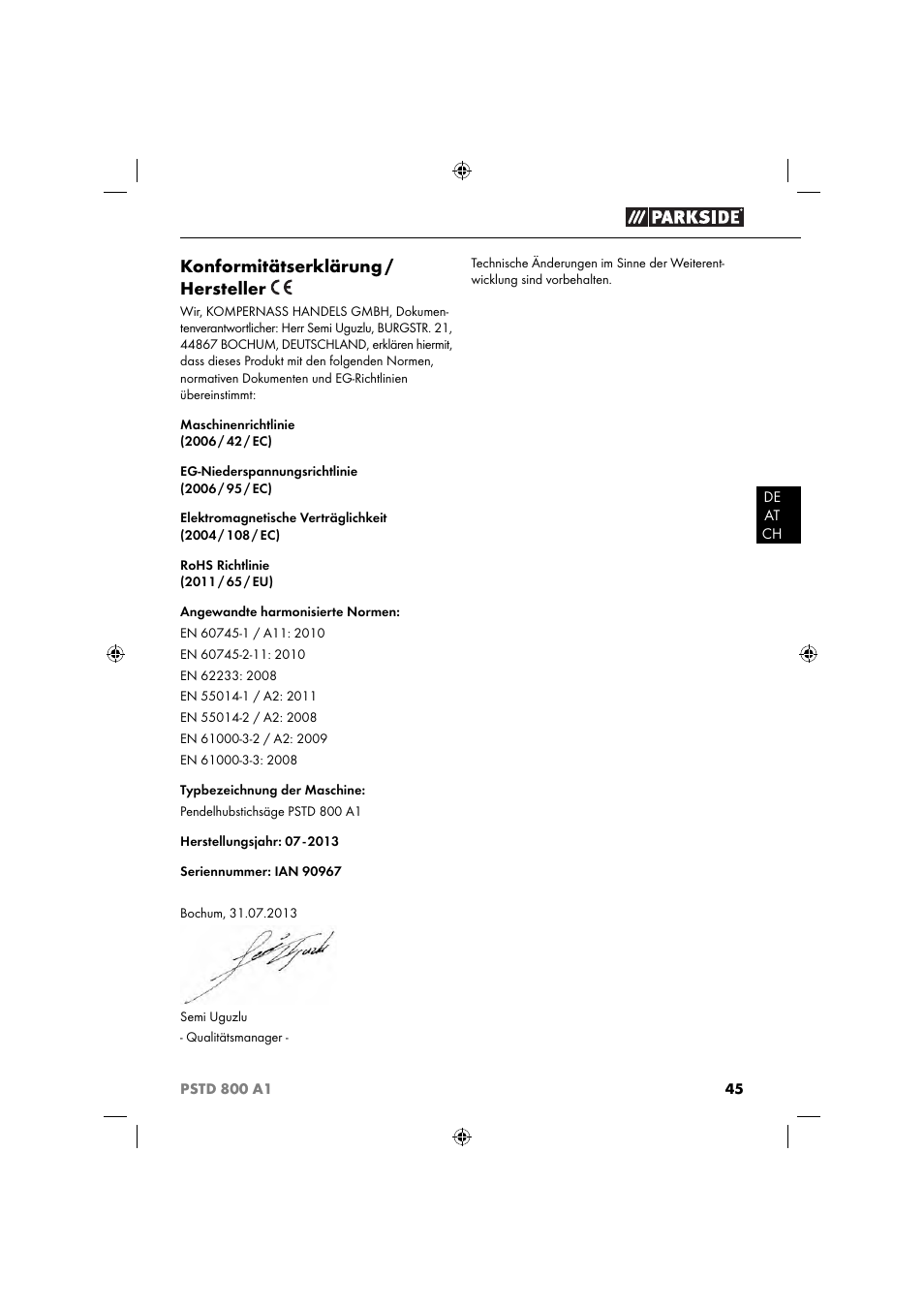 Konformitätserklärung / hersteller | Parkside PSTD 800 A1 User Manual | Page 49 / 51