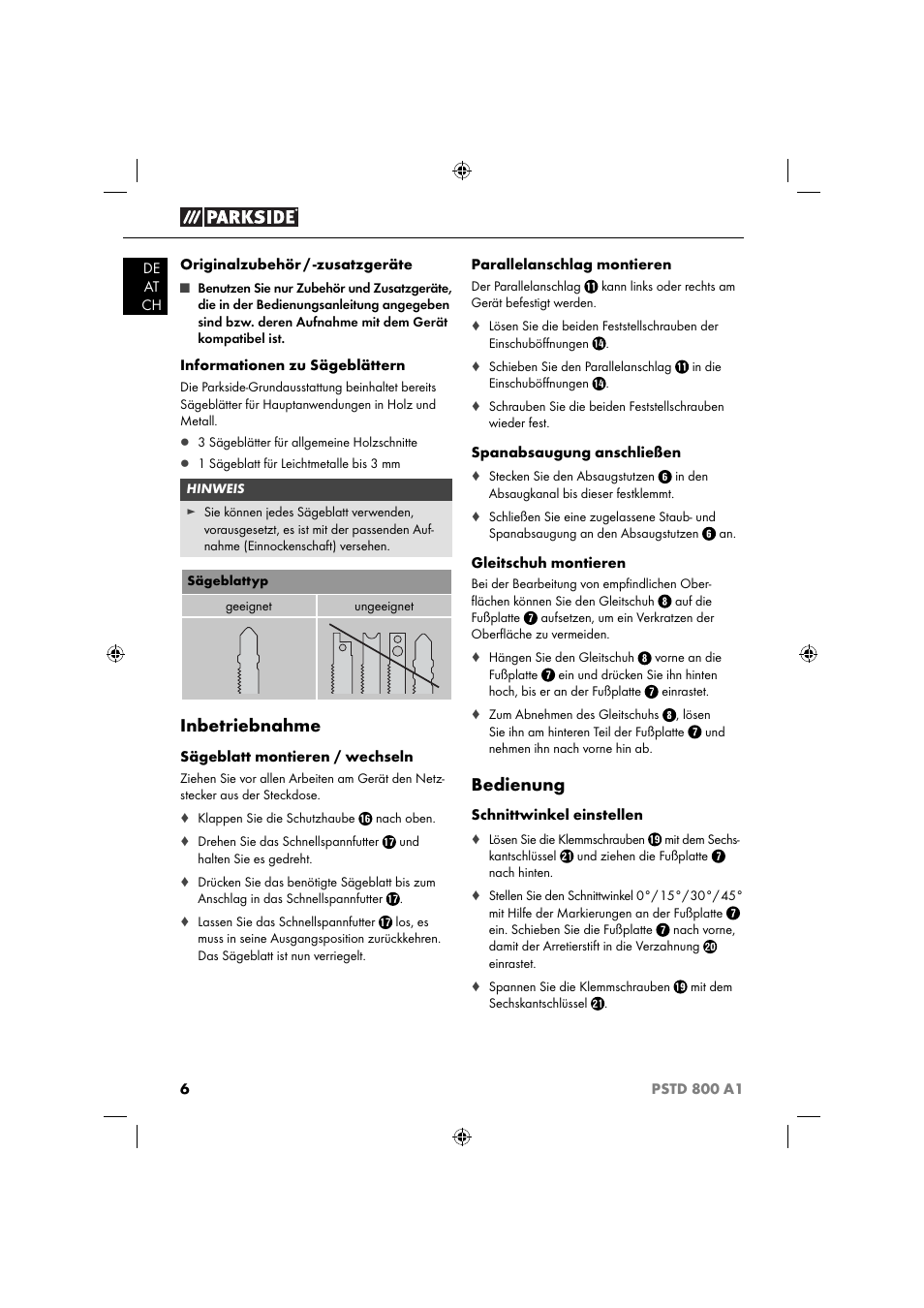 Inbetriebnahme, Bedienung | Parkside PSTD 800 A1 User Manual | Page 10 / 41