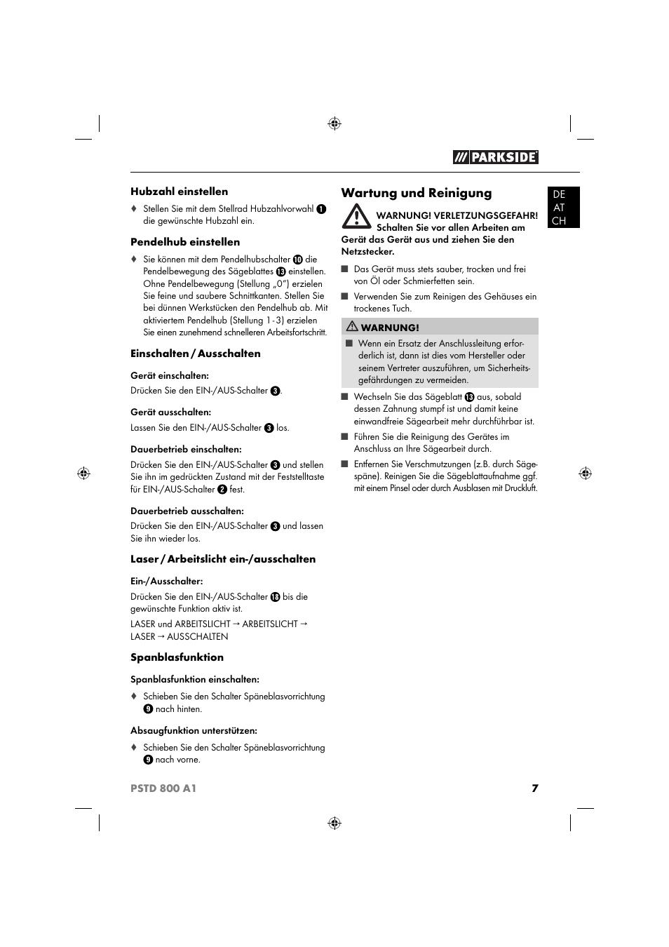 Wartung und reinigung | Parkside PSTD 800 A1 User Manual | Page 11 / 41