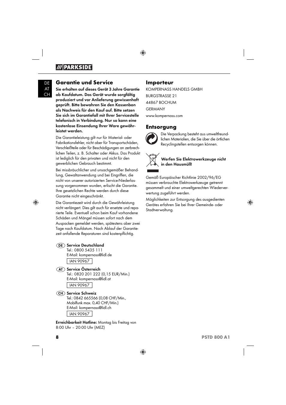 Garantie und service, Importeur, Entsorgung | Parkside PSTD 800 A1 User Manual | Page 12 / 41