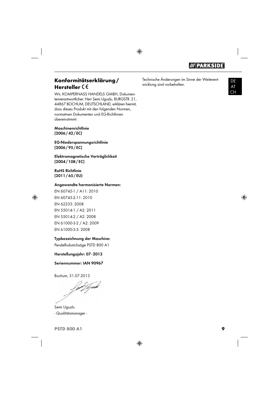 Konformitätserklärung / hersteller | Parkside PSTD 800 A1 User Manual | Page 13 / 41