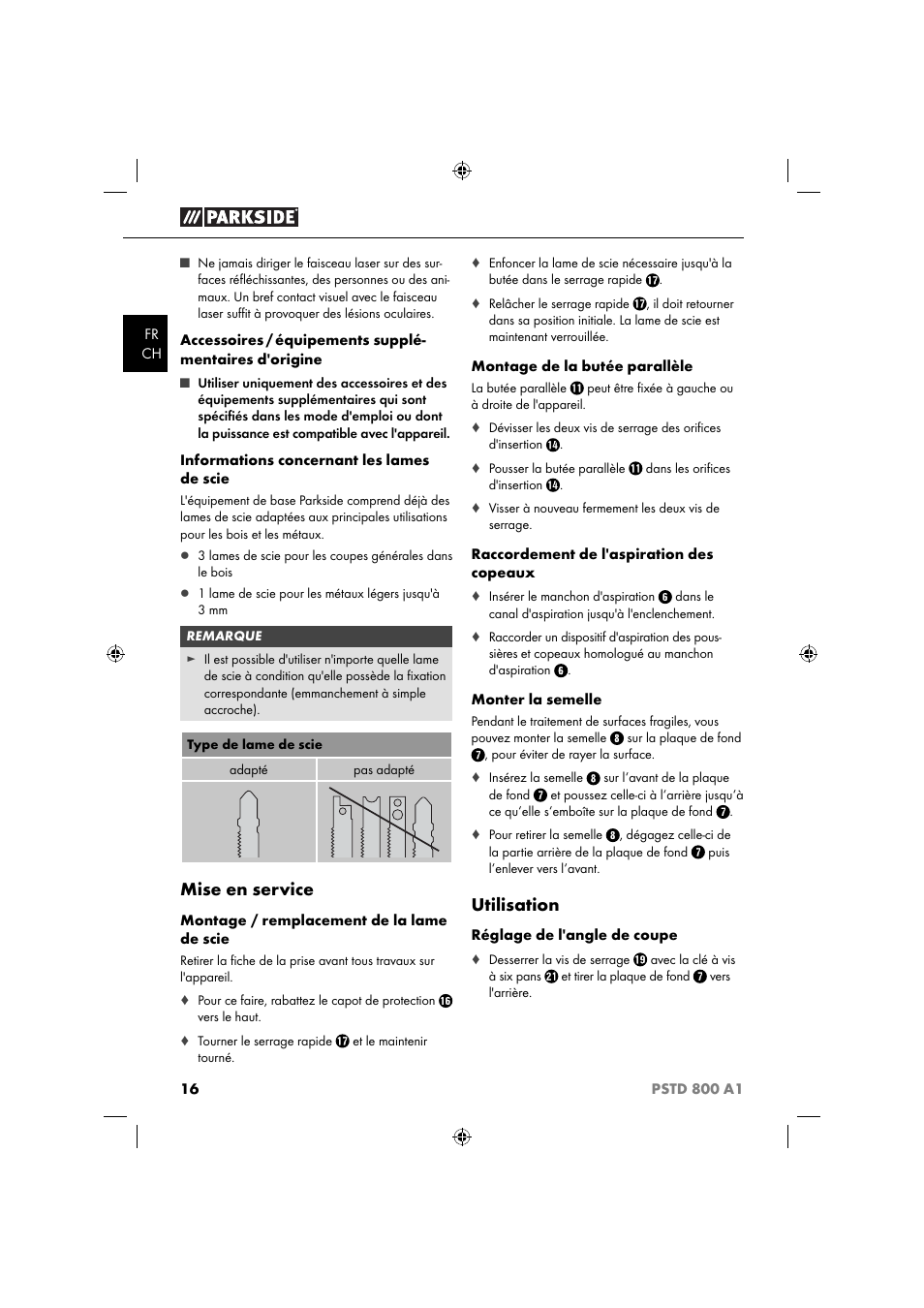 Mise en service, Utilisation | Parkside PSTD 800 A1 User Manual | Page 20 / 41