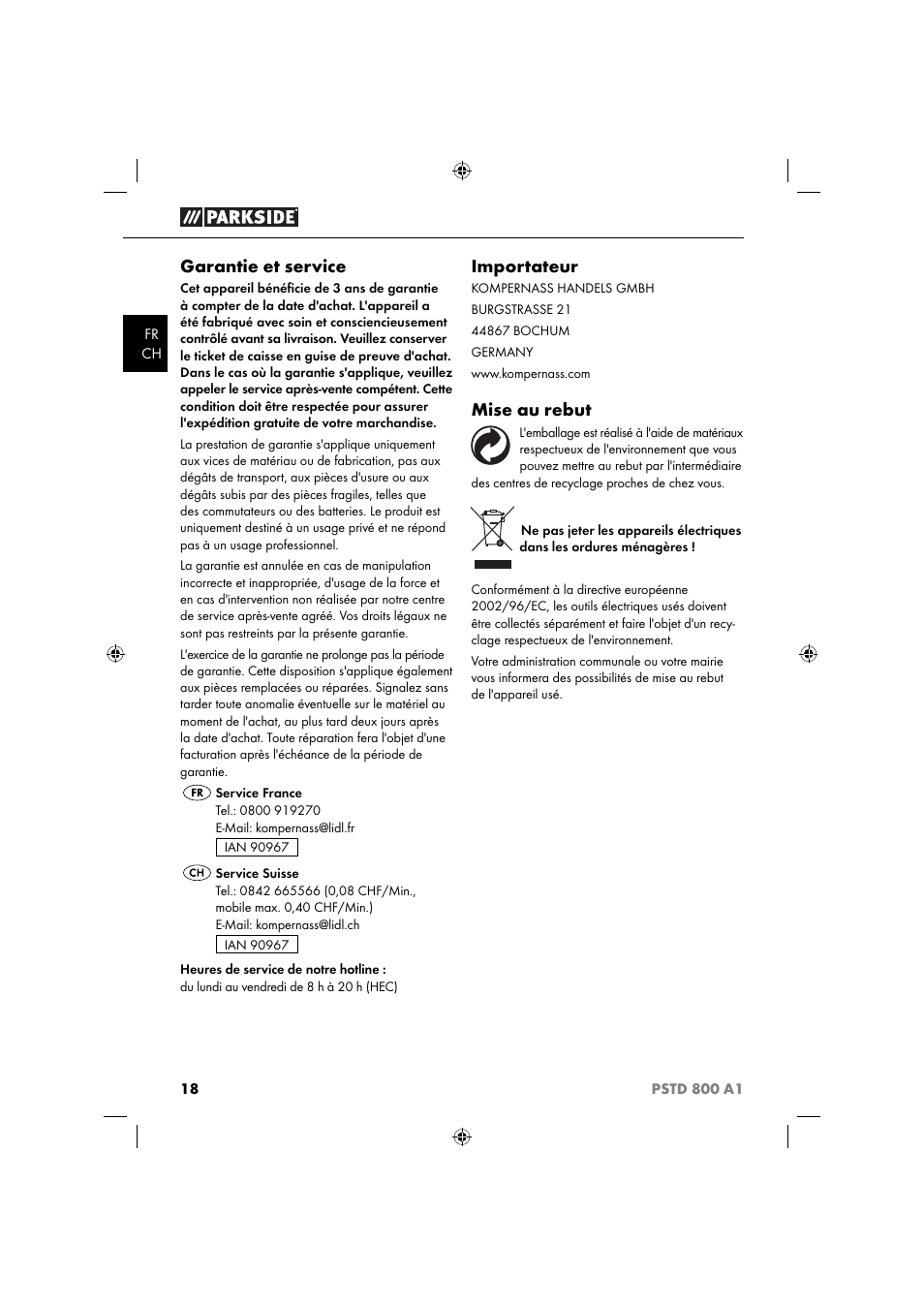 Garantie et service, Importateur, Mise au rebut | Parkside PSTD 800 A1 User Manual | Page 22 / 41