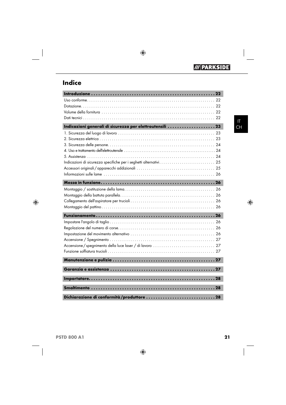 Indice | Parkside PSTD 800 A1 User Manual | Page 25 / 41