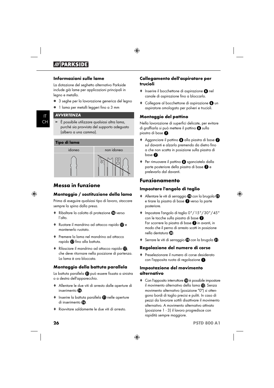 Messa in funzione, Funzionamento | Parkside PSTD 800 A1 User Manual | Page 30 / 41