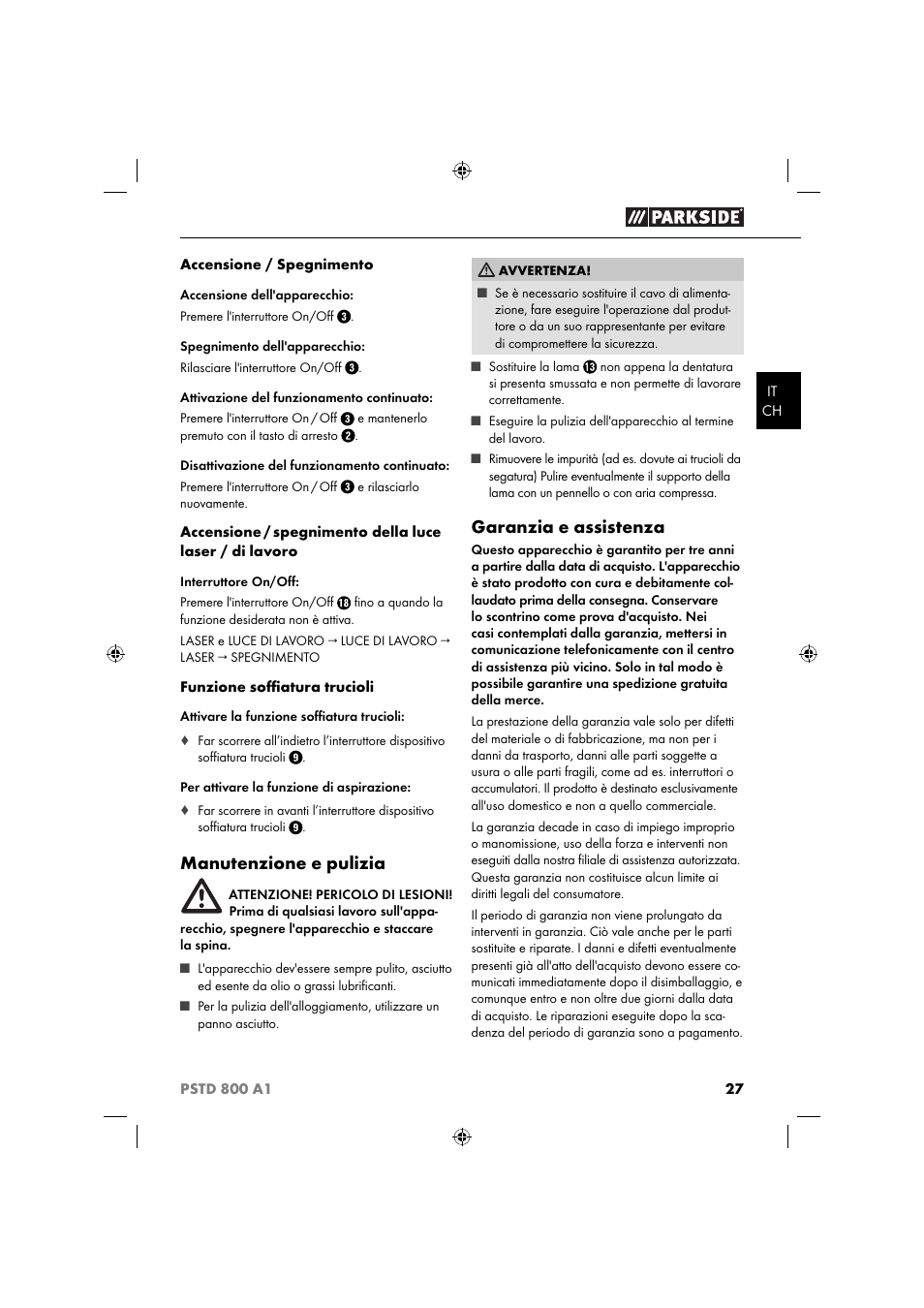 Manutenzione e pulizia, Garanzia e assistenza | Parkside PSTD 800 A1 User Manual | Page 31 / 41