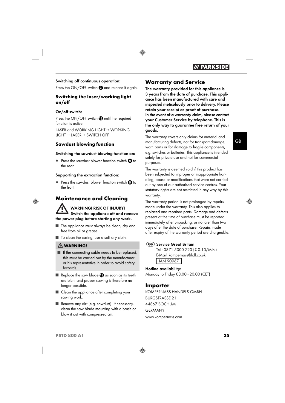 Maintenance and cleaning, Warranty and service, Importer | Parkside PSTD 800 A1 User Manual | Page 39 / 41