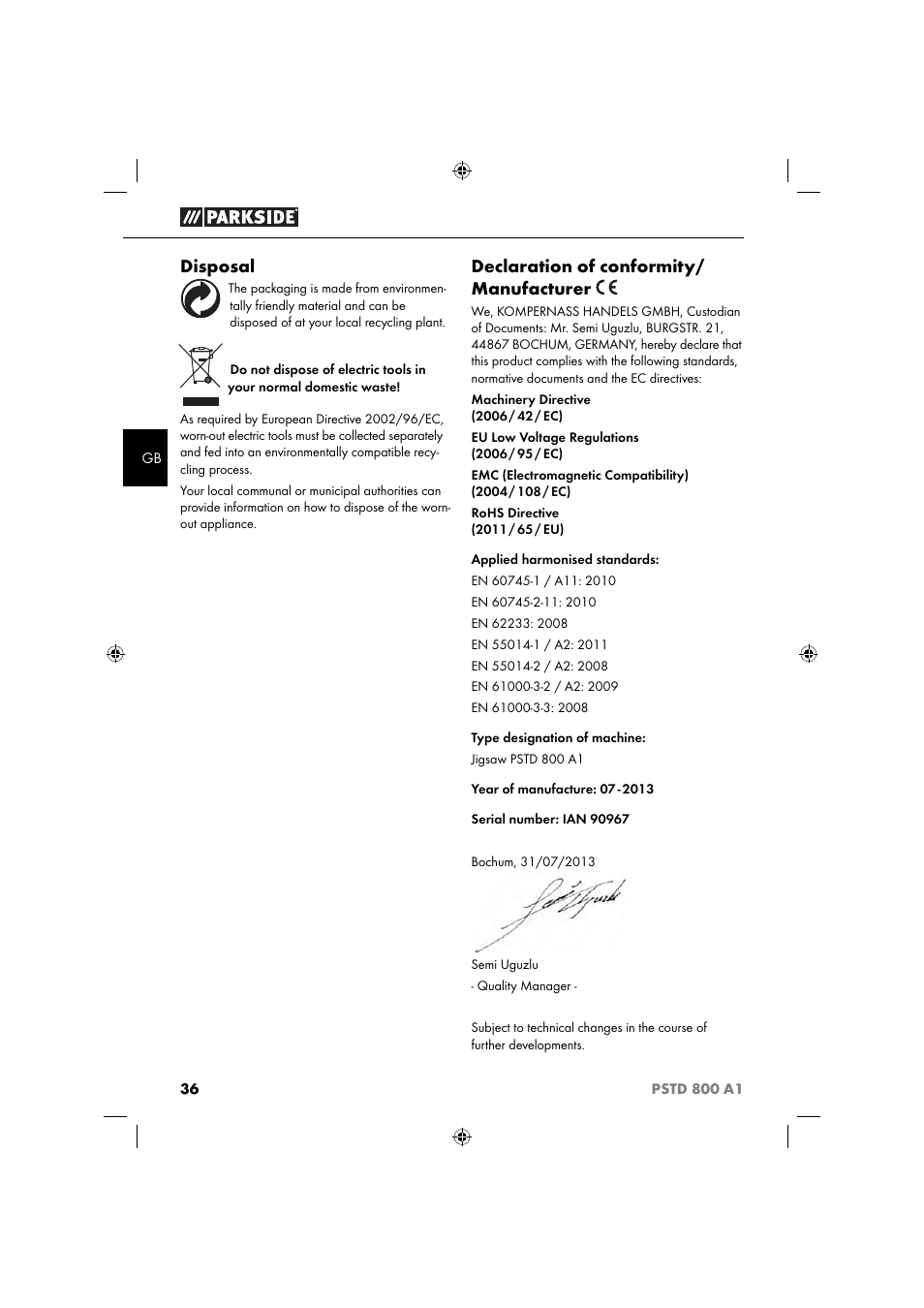 Disposal, Declaration of conformity/ manufacturer | Parkside PSTD 800 A1 User Manual | Page 40 / 41