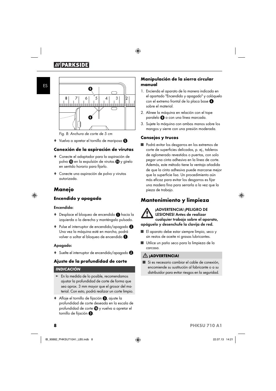 Manejo, Mantenimiento y limpieza | Parkside PHKSU 710 A1 User Manual | Page 11 / 64