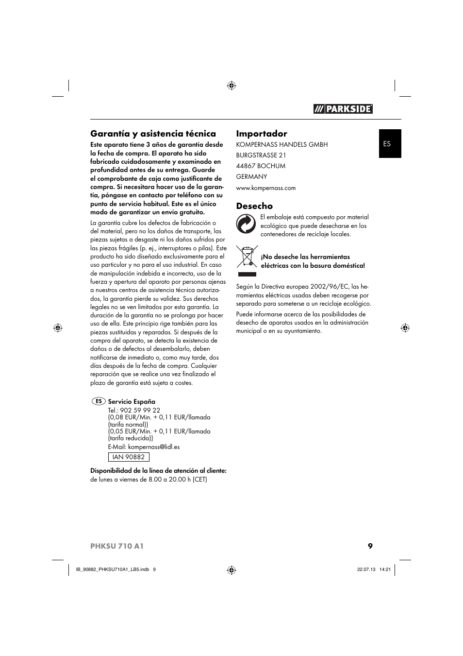 Garantía y asistencia técnica, Importador, Desecho | Parkside PHKSU 710 A1 User Manual | Page 12 / 64