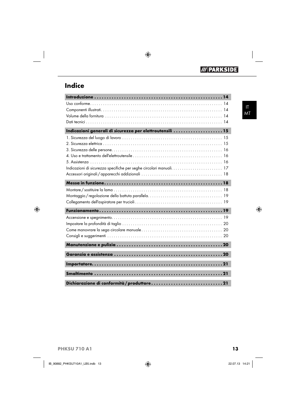 Indice | Parkside PHKSU 710 A1 User Manual | Page 16 / 64