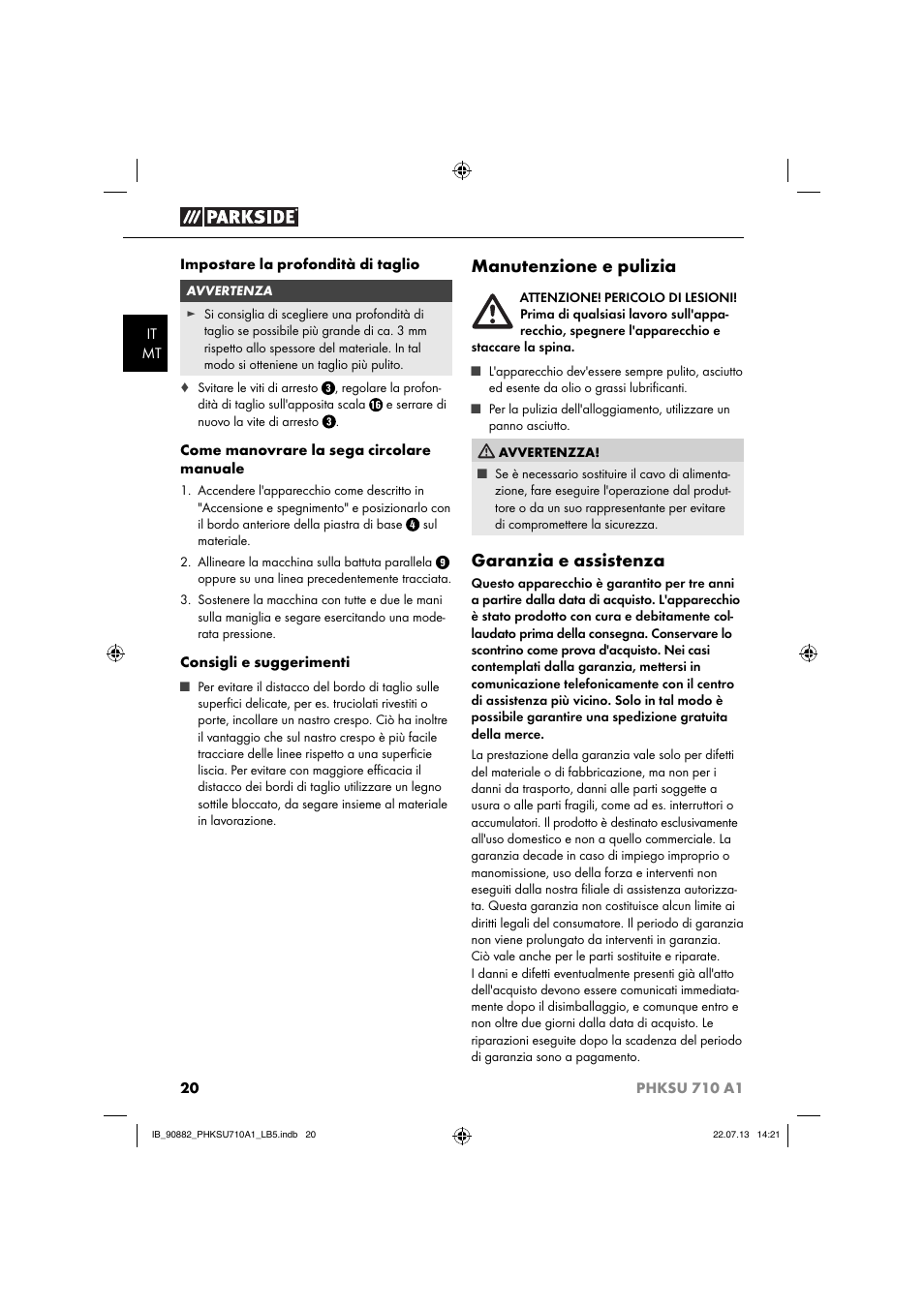 Manutenzione e pulizia, Garanzia e assistenza | Parkside PHKSU 710 A1 User Manual | Page 23 / 64