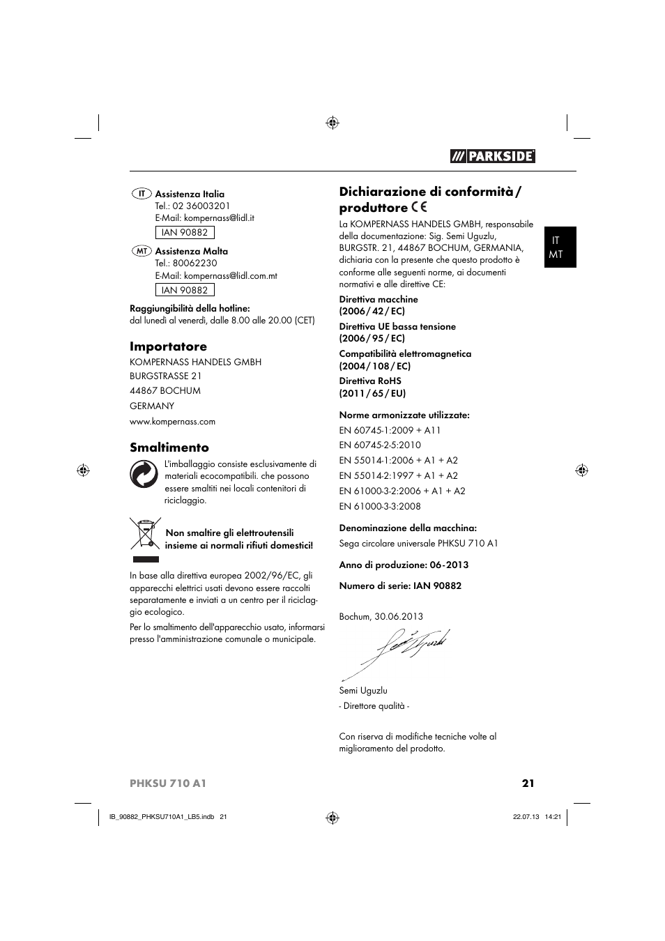 Importatore, Smaltimento, Dichiarazione di conformità / produttore | Parkside PHKSU 710 A1 User Manual | Page 24 / 64