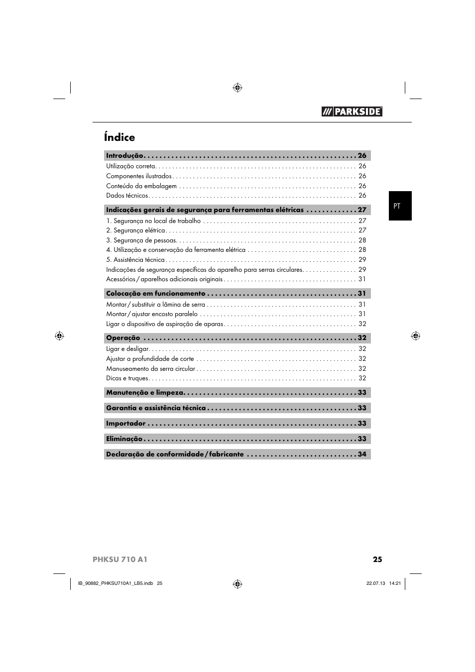 Índice | Parkside PHKSU 710 A1 User Manual | Page 28 / 64