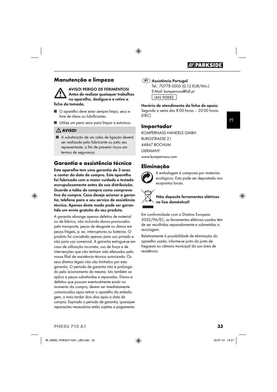 Manutenção e limpeza, Garantia e assistência técnica, Importador | Eliminação | Parkside PHKSU 710 A1 User Manual | Page 36 / 64