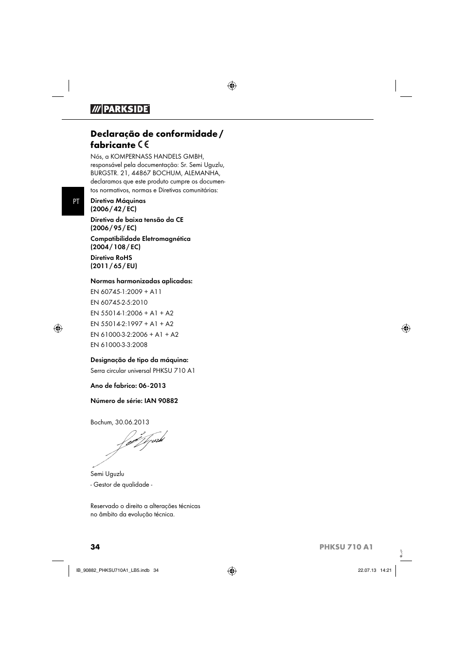 Declaração de conformidade / fabricante | Parkside PHKSU 710 A1 User Manual | Page 37 / 64