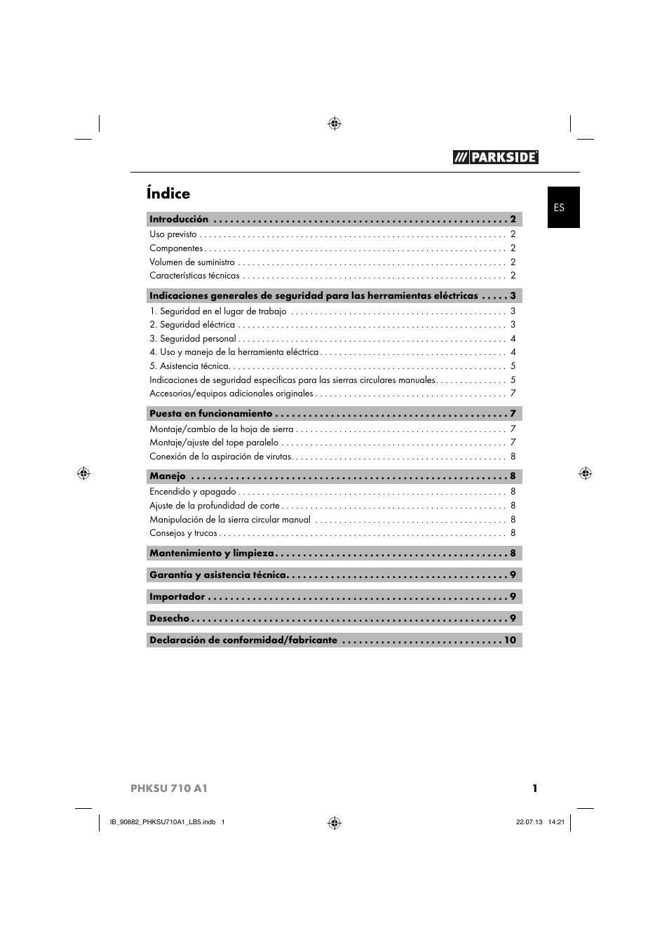 Índice | Parkside PHKSU 710 A1 User Manual | Page 4 / 64