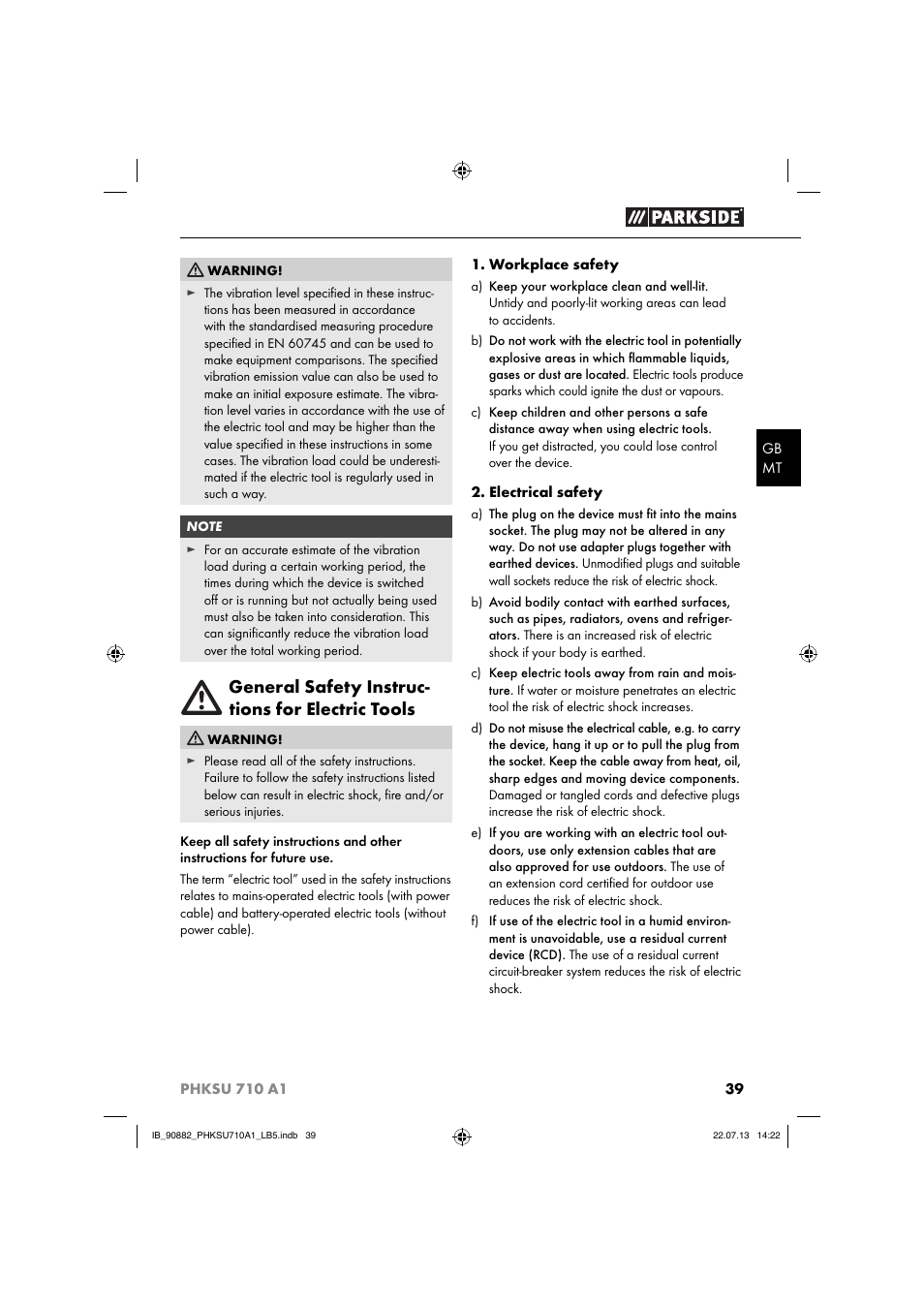 General safety instruc- tions for electric tools | Parkside PHKSU 710 A1 User Manual | Page 42 / 64