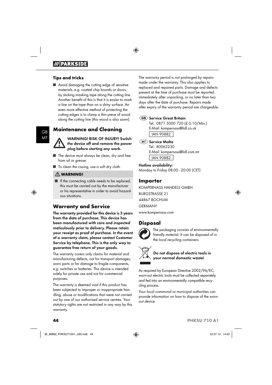 Maintenance and cleaning, Warranty and service, Importer | Disposal | Parkside PHKSU 710 A1 User Manual | Page 47 / 64