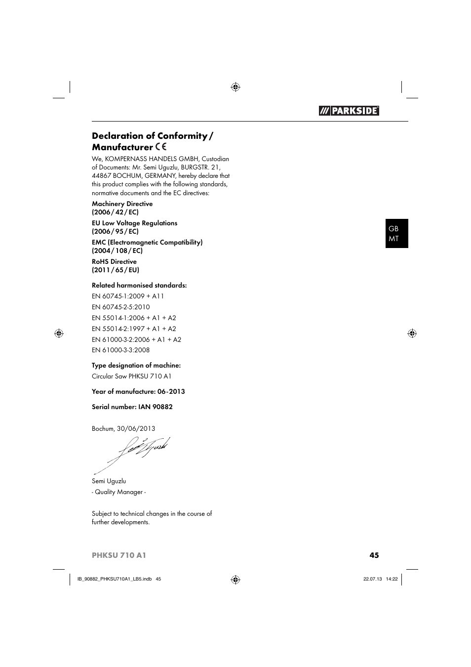 Declaration of conformity / manufacturer | Parkside PHKSU 710 A1 User Manual | Page 48 / 64