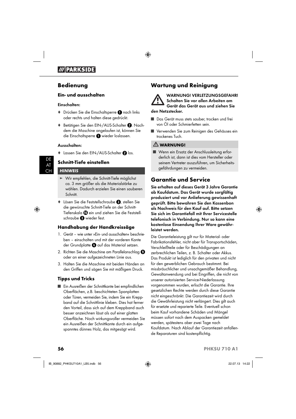Bedienung, Wartung und reinigung, Garantie und service | Parkside PHKSU 710 A1 User Manual | Page 59 / 64
