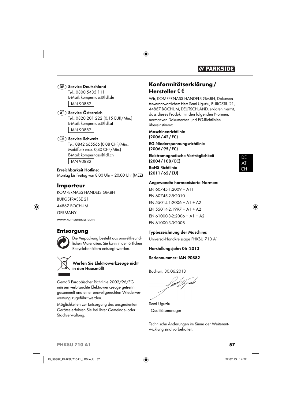 Importeur, Entsorgung, Konformitätserklärung / hersteller | Parkside PHKSU 710 A1 User Manual | Page 60 / 64