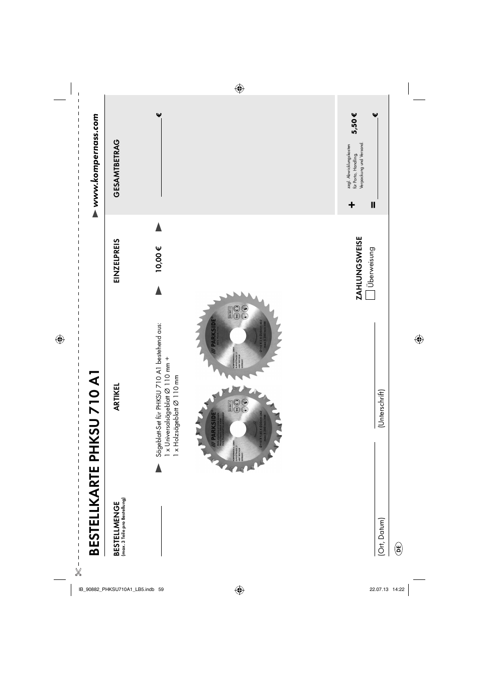 Bes tellkarte phk su 710 a1 | Parkside PHKSU 710 A1 User Manual | Page 62 / 64