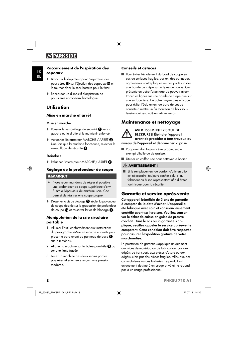 Utilisation, Maintenance et nettoyage, Garantie et service après-vente | Parkside PHKSU 710 A1 User Manual | Page 11 / 40