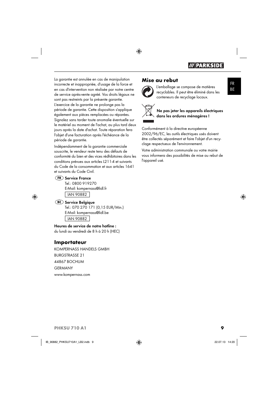 Importateur, Mise au rebut | Parkside PHKSU 710 A1 User Manual | Page 12 / 40