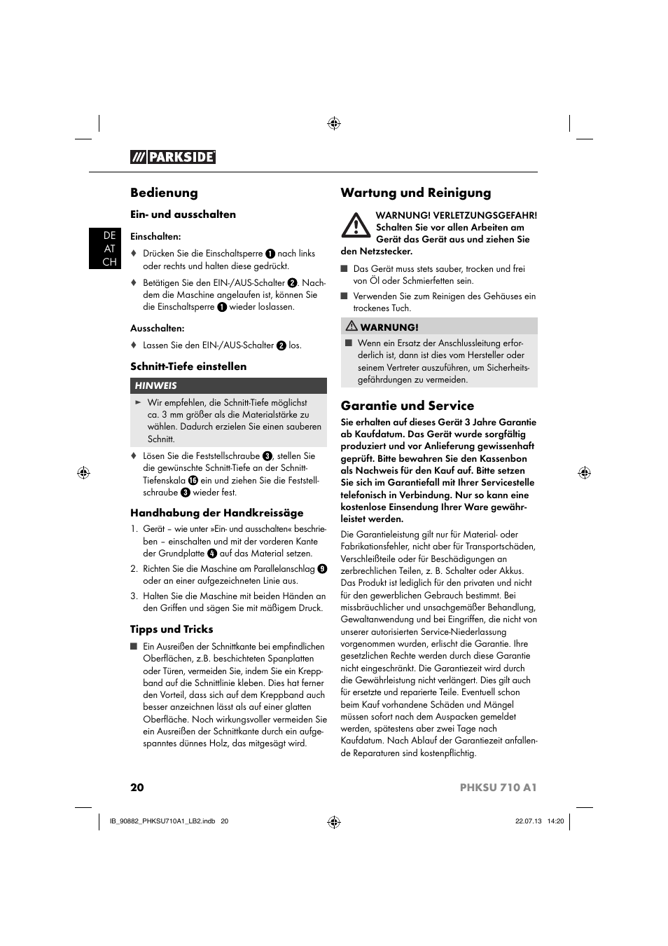 Bedienung, Wartung und reinigung, Garantie und service | Parkside PHKSU 710 A1 User Manual | Page 23 / 40