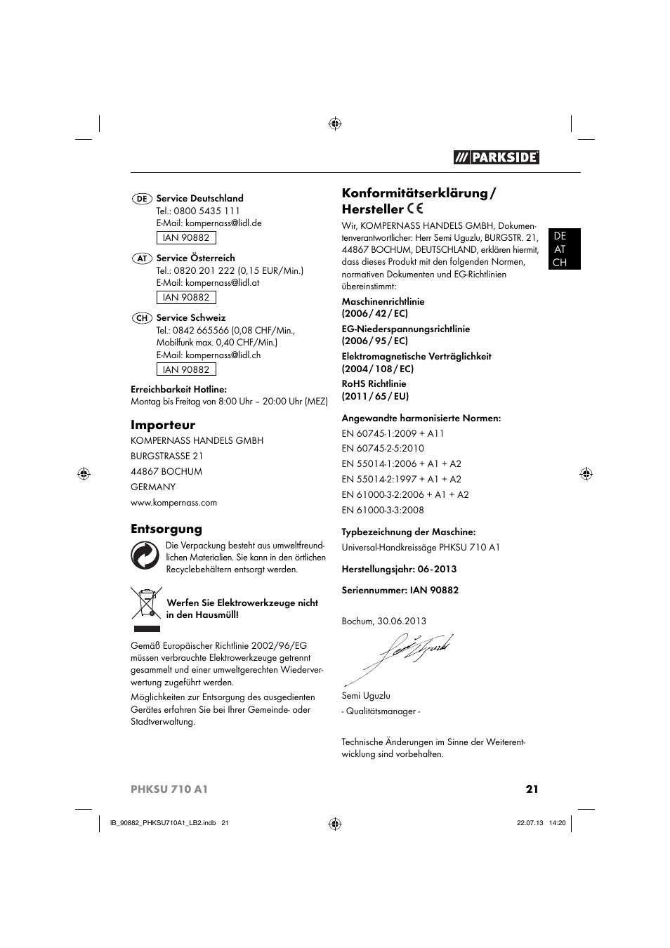 Importeur, Entsorgung, Konformitätserklärung / hersteller | Parkside PHKSU 710 A1 User Manual | Page 24 / 40