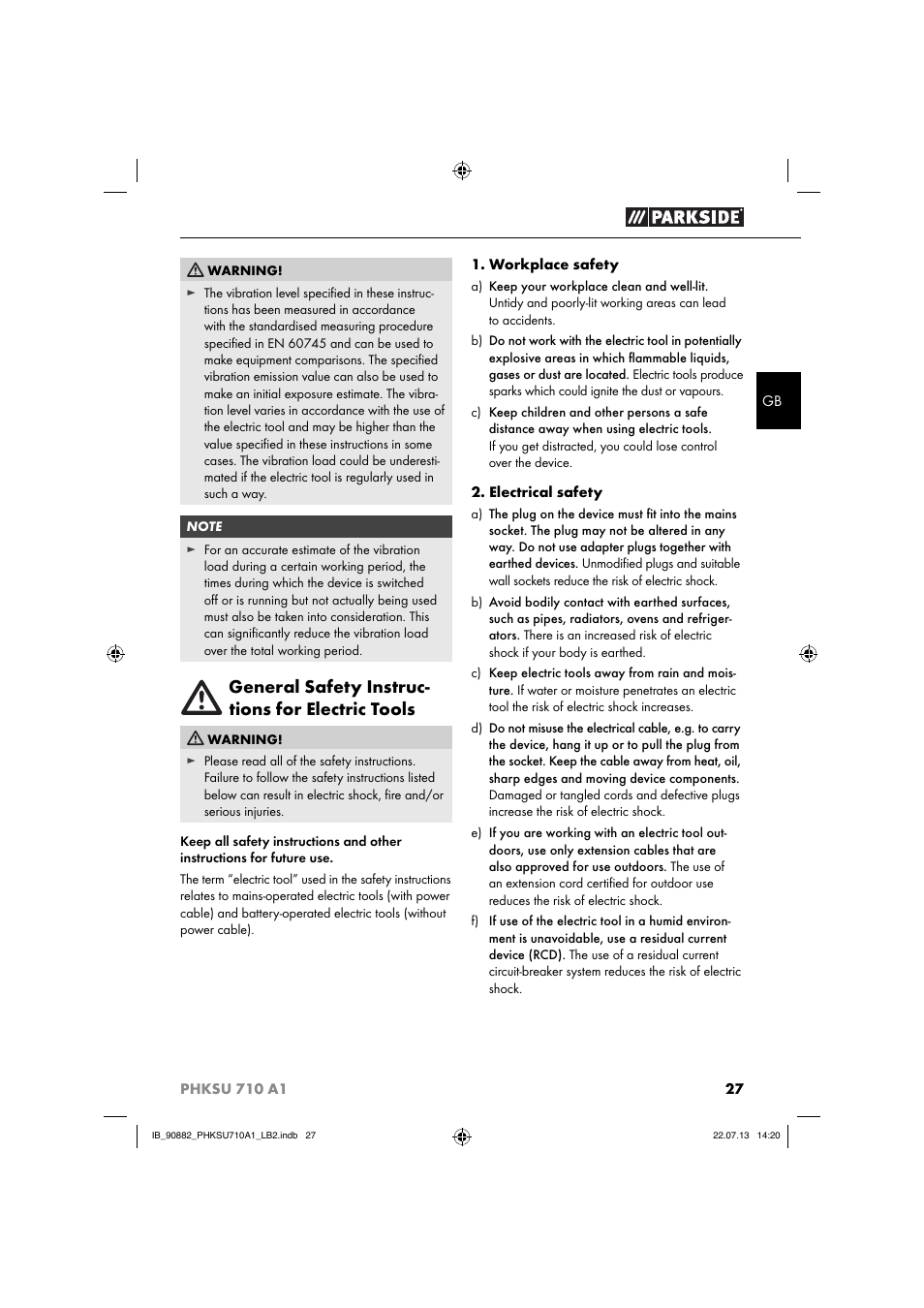 General safety instruc- tions for electric tools | Parkside PHKSU 710 A1 User Manual | Page 30 / 40