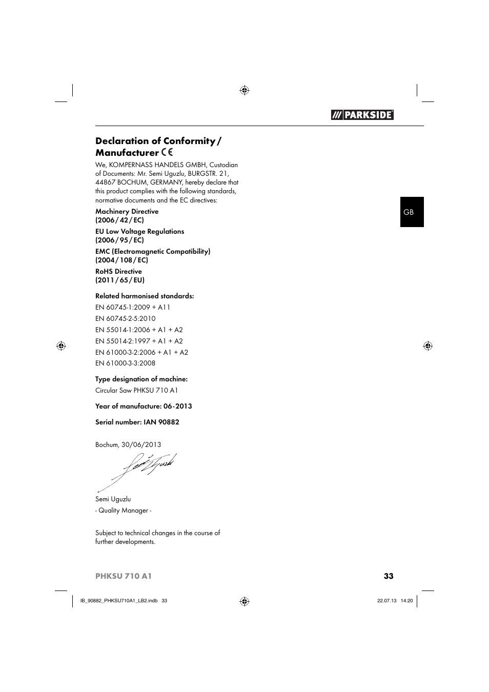 Declaration of conformity / manufacturer | Parkside PHKSU 710 A1 User Manual | Page 36 / 40