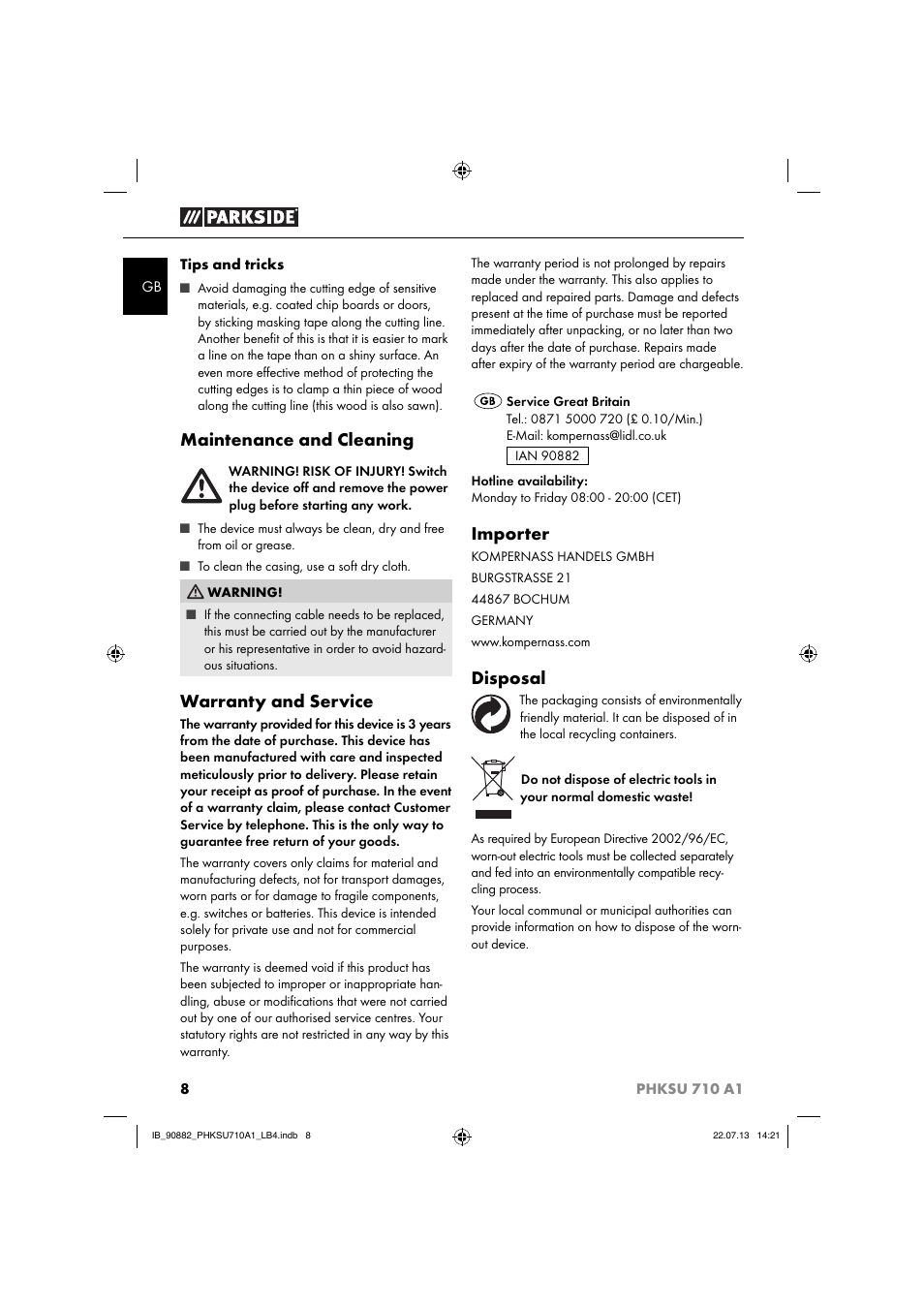 Maintenance and cleaning, Warranty and service, Importer | Disposal | Parkside PHKSU 710 A1 User Manual | Page 11 / 64