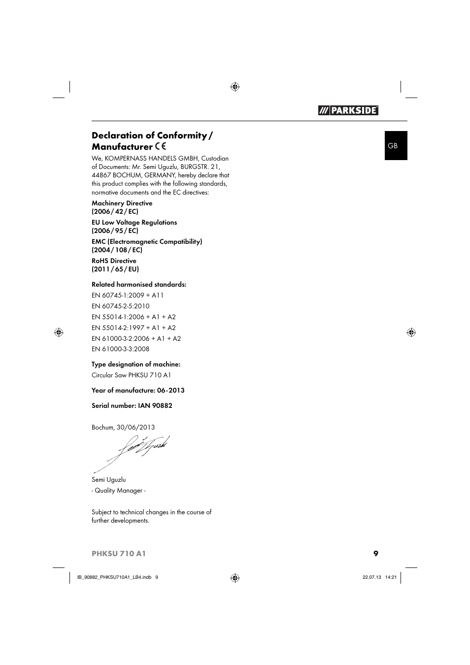 Declaration of conformity / manufacturer | Parkside PHKSU 710 A1 User Manual | Page 12 / 64