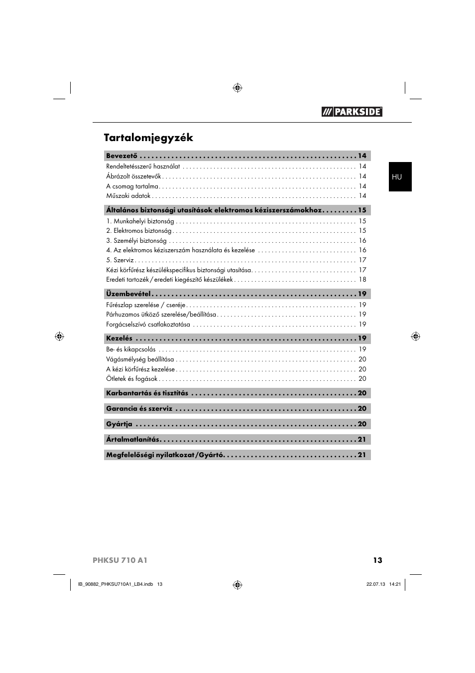 Tartalomjegyzék | Parkside PHKSU 710 A1 User Manual | Page 16 / 64