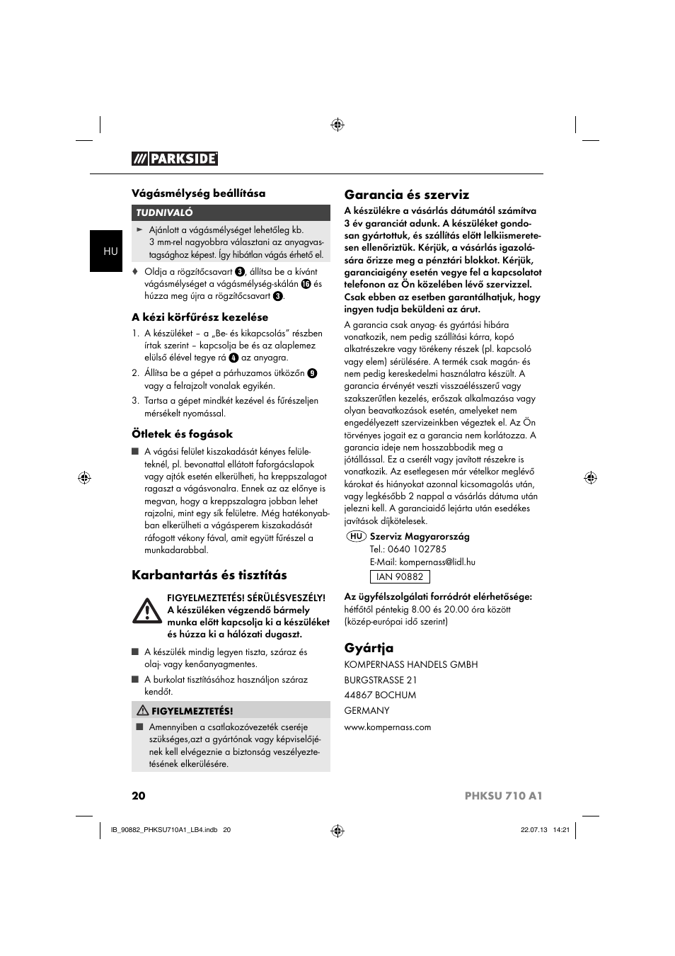 Karbantartás és tisztítás, Garancia és szerviz, Gyártja | Parkside PHKSU 710 A1 User Manual | Page 23 / 64