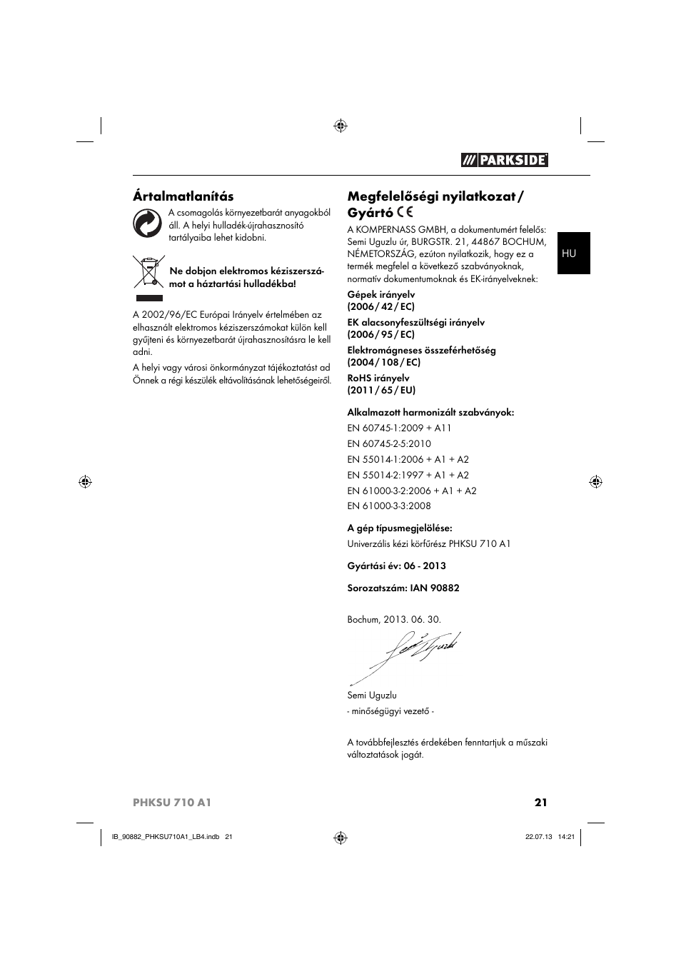 Ártalmatlanítás, Megfelelőségi nyilatkozat / gyártó | Parkside PHKSU 710 A1 User Manual | Page 24 / 64